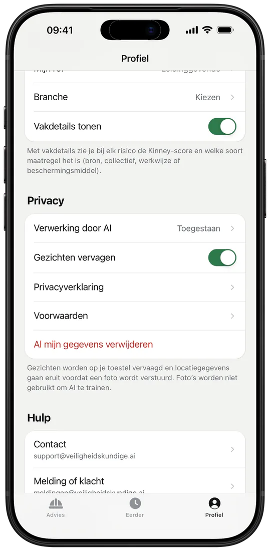 Het profiel in de app met de privacy-instellingen: Verwerking door AI toegestaan, Gezichten vervagen aan, en Al mijn gegevens verwijderen.