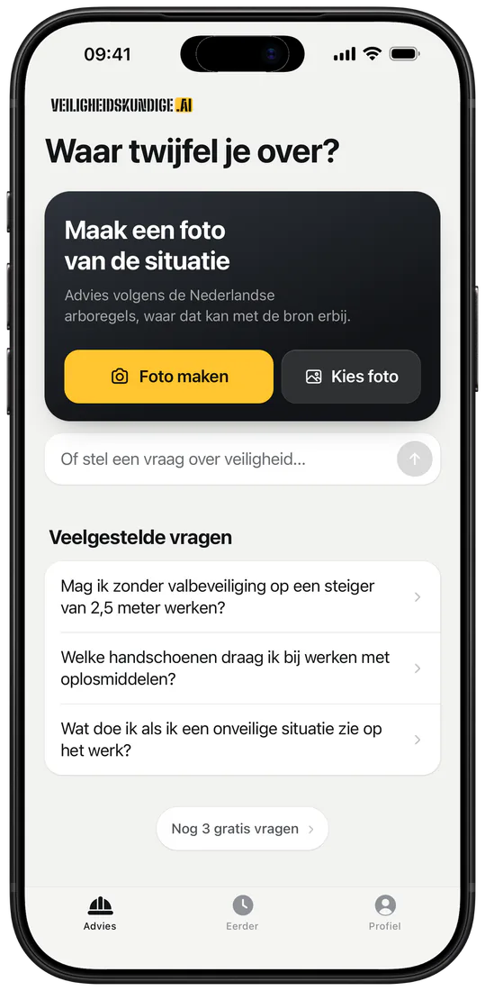 Het beginscherm van de app: ‘Waar twijfel je over?’, met de knoppen Foto maken en Kies foto, en een veld om een vraag te stellen.